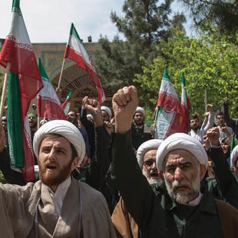Iranian Clerics chant slogans during an anti-U.S. rally in Tehran on April 14, 2019 after the U.S. designation of Iran's Revolutionary Guard Corps as a terrorist organization. (Photo by Rouzbeh Fouladi/NurPhoto via Getty Images)