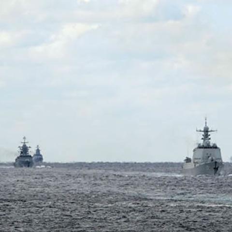 Chinese and Russian warship formations sail through the Tsugaru Strait during the naval exercise Joint Sea-2021 on October 18, 2021 in the Pacific Ocean. (Photo by Sun Zifa/China News Service via Getty Images)