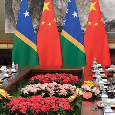 Prime Minister Manasseh Damukana Sogavare of the Solomon Islands meets with Chinese Leader Xi Jinping at the Diaoyutai State Guesthouse on October 9, 2019 in Beijing, China. (Photo by Parker Song-Pool/Getty Images)