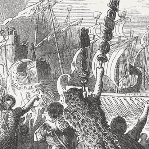 A woodcut of The Battle of Actium based on a drawing by Heinrich Leutemann. (Getty Images)