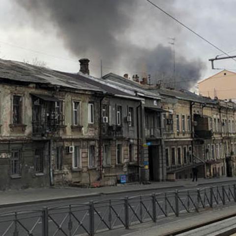 Smoke billows out from a damaged fuel depot in Odesa hours after a Russian missile strike on April 3. (James Barnett)