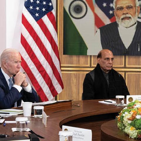 U.S. President Joe Biden, Indian Prime Minister Narendra Modi and their delegations hold a virtual meeting on April 11, 2022. (Photo by Drew Angerer/Getty Images)