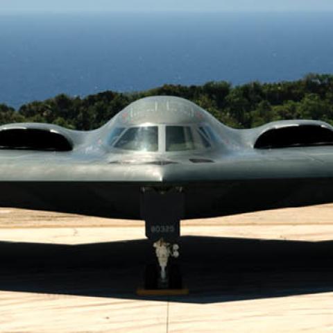 A B-2 Spirit Stealth Bomber from the 393rd Expeditionary Bomb Squadron, Whiteman Air Force Base, MO. (Photo by Bennie J. Davis/USAF via Getty Images)