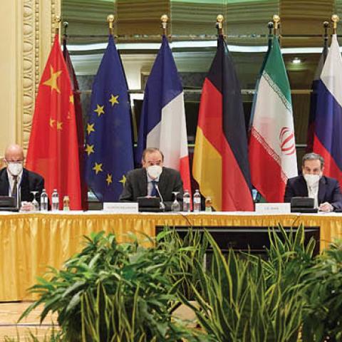 Representatives of the European Union, Iran and others attend the Iran nuclear talks at the Grand Hotel on April 15, 2021 in Vienna, Austria. (Photo by EU Delegation in Vienna via Getty Images)