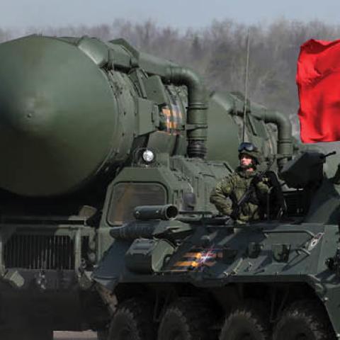 A RS-24 Yars intercontinental ballistic missile vehicle during the rehearsals for the Victory Day Military Parade, on April 18, 2022 in Alabino, outside of Moscow, Russia. (Photo by Contributor/Getty Images)
