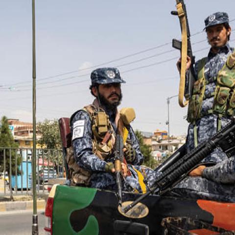 Taliban police are seen at a checkpoint on September 24, 2021 in Kabul, Afghanistan. (Photo by Paula Bronstein/Getty Images)