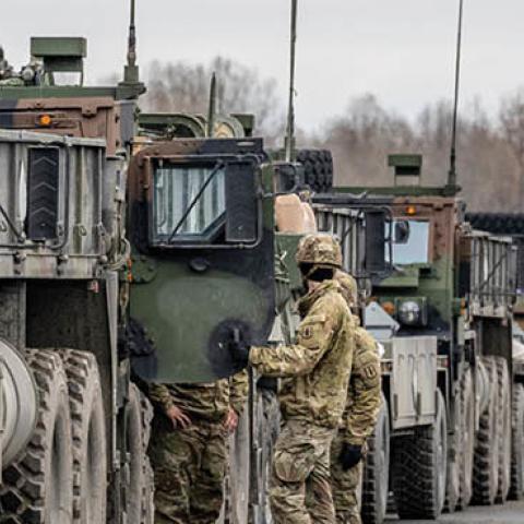 U.S. Army vehicles on the grounds of the Grafenwoehr military training area in Bavaria on February 9, 2022. (Photo by Armin Weigel via Getty Images)