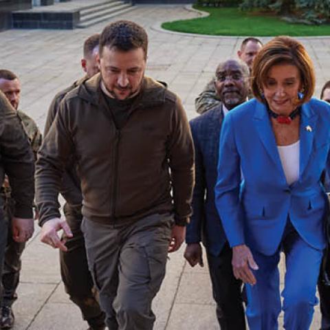 Ukrainian President Volodymyr Zelensky meets U.S. Speaker of the House Nancy Pelosi during a visit by a U.S. congressional delegation on April 30, 2022 in Kyiv, Ukraine. (Photo by the Ukrainian Presidential Press Office/Handout via Getty Images)