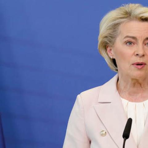 EU Commission President Ursula Von Der Leyen speaks to the press in the Berlaymont, the European Union Commission headquarters on April 27, 2022, in Brussels, Belgium. (Getty Images)