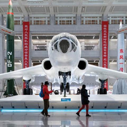 A military plane exhibition marks the 72nd anniversary of the founding of the Chinese PLA Air Force at the Military Museum of The Chinese People's Revolution on November 11, 2021 in Beijing, China. (Photo by Hou Yu/China News via Getty Images)