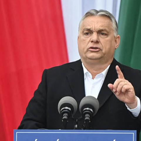 Hungarian Prime Minister Viktor Orban speaks on stage during the closing campaign session of the FIDESZ party, in Szekesfehervar, Hungary on April 1, 2022. (Photo by Attila Kisbenedek/ AFP via Getty Images) 