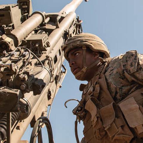 Field artillery cannoneer emplaces M777A2 Howitzer during Artillery Relocation Training Program 21.1, at Combined Arms Training Center, Camp Fuji, Japan, April 26, 2021. (U.S. Marine Corps/ Michael Jefferson Estillomo)