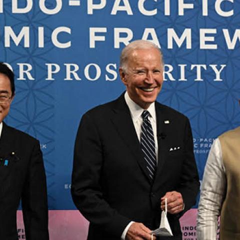 Japan's Prime Minister Fumio Kishida, U.S. President Joe Biden, and India's Prime Minister Narendra Modi attend the Indo-Pacific Economic Framework for Prosperity in Tokyo on May 23, 2022. (Photo by Saul Loeb/AFP via Getty Images)