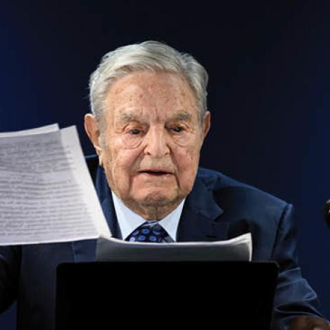  George Soros addresses the assembly on the sidelines of the World Economic Forum (WEF) annual meeting in Davos on May 24, 2022. (Photo by Fabrice Coffrini/AFP via Getty Images)