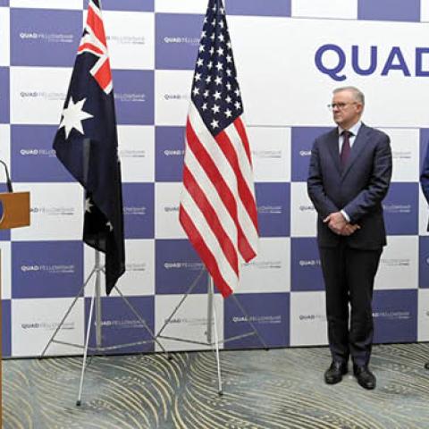 Japanese PM Fumio Kishida, Australian PM  Anthony Albanese, U.S. President Joe Biden, and Indian PM Narendra Modi during the Quad Fellowship Founding Celebration event on May 24, 2022 in Tokyo, Japan. (Photo by The Asahi Shimbun via Getty Images)