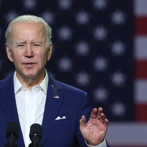 U.S. President Joe Biden speaks to guests during a visit to POET Bioprocessing on April 12, 2022 in Menlo, Iowa. Biden announced that he would ease restrictions on ethanol use to help ease soaring gas prices. (Photo by Scott Olson/Getty Images)