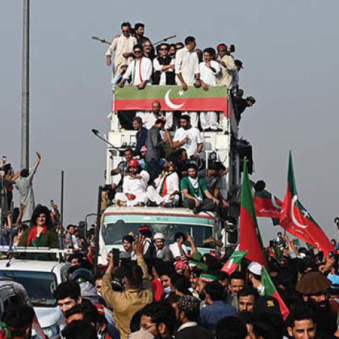 Ousted Pakistan's prime minister Imran Khan leads a rally in Islamabad on May 26, 2022. (Photo by Aamir Qureshi/AFP via Getty Images)