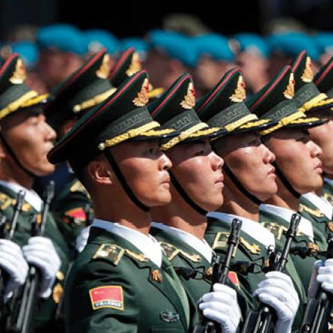 Soldiers from China's People's Liberation Army march on Red Square during a military parade in Moscow on June 24, 2020. (Photo by Pavel Golovkin/Pool/AFP via Getty Images)