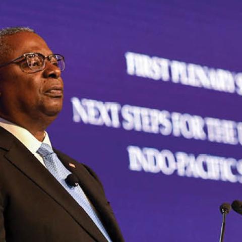 US Defense Secretary Lloyd Austin speaks at the Shangri-La Dialogue summit in Singapore on June 11, 2022. (Photo by Roslan Rahman/AFP via Getty Images)