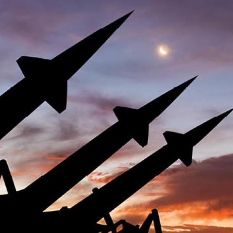 Silhouette on missile system against sunset. (Anton Petrus via Getty Images)