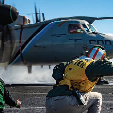  E-2D Hawkeye attached to the "Seahawks" of Airborne Command and Control Squadron (VAW) 126 prepares to launch from the flight deck of the Nimitz-class aircraft carrier USS Harry S. Truman (CVN 75), Feb. 21, 2022. (U.S. Navy)