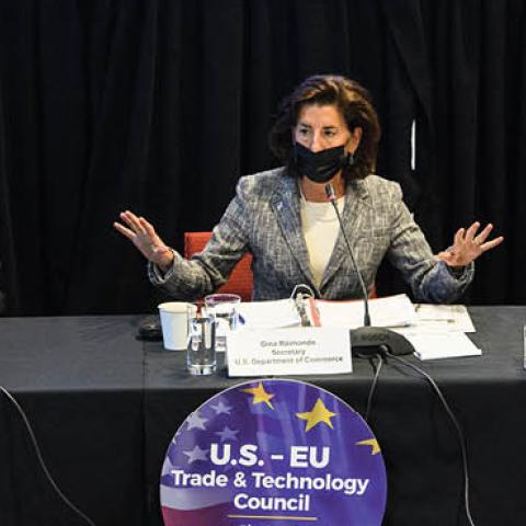 US Commerce Secretary Raimondo, Secretary of State Blinken, and European Commissioner Dombrovskis at the inaugural U.S.-EU Trade and Technology Council in Pittsburgh, Pennsylvania, on September 29, 2021. (Photo by Nicholas Kamm / AFP via Getty Images)