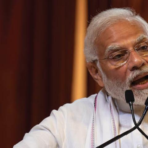 Prime Minister Narendra Modi addresses during the Samachar Dwishatabdi celebrations of Mumbai Samachar, the Gujarati daily newspaper, at BKC on June 14, 2022 in Mumbai, India. (Photo by Satish Bate/Hindustan Times via Getty Images)