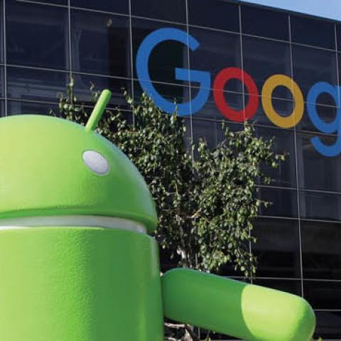 An oversized Android figure seen on Google's corporate campus in Mountain View, California, USA, 16 May 2017. (Photo by Christoph Dernbach via Getty Images)