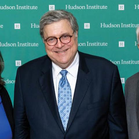 Former Attorney General Bill Barr pictured here with Hudson Chair of the Board Sarah Stern and Hudson President and CEO John Walters. (Photo by Andrea Hanks)