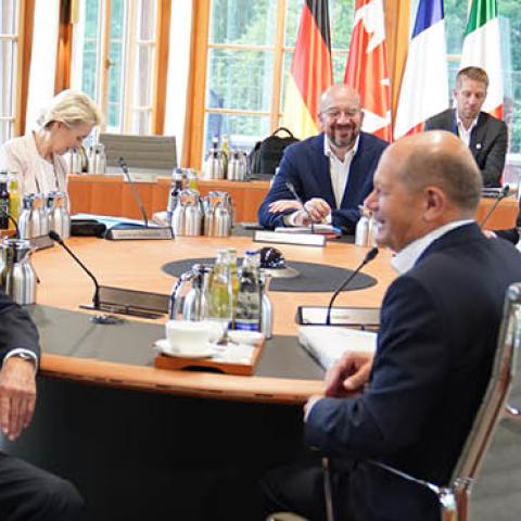 G7 leaders during a working session at the G7 summit in Schloss Elmau on June 28, 2022 near Garmisch-Partenkirchen, Germany. (Photo by Stefan Rousseau via Pool/Getty Images)
