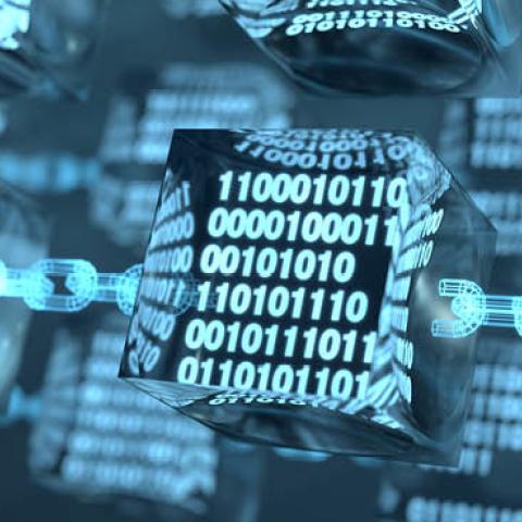 Blockchain concept of a transparent cube with encryption data code and digital chain. (Getty Images)