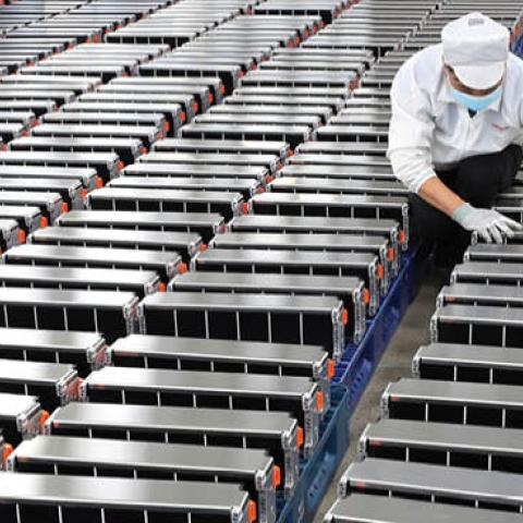 A worker at a lithium battery factory in Nanjing, China. (STR/Agence France-Presse/Getty Images)