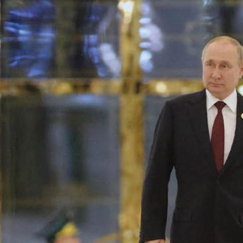 Russian President Vladimir Putin arrives for his press conference at the Ashgabat International Airport on June 29, 2022, in Ashgabat, Turkmenistan. (Photo by Contributor/Getty Images)
