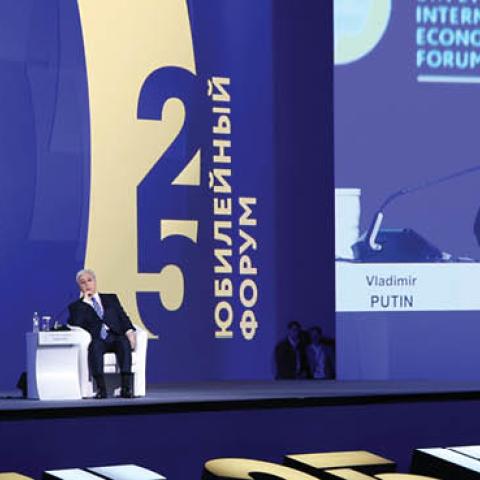 Russian President Vladimir Putin talks at the plenary session during the Saint Petersburg Economic Forum SPIEF 2022, on June 17, 2022, in Saint Petersburg, Russia. (Photo by Contributor/Getty Images)