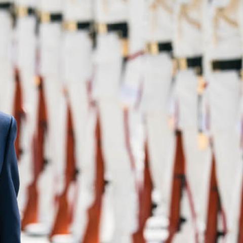 Japan's Prime Minister Shinzo Abe inspects an honor guard ahead of a Self Defense Forces (SDF) senior officers' meeting at the Ministry of Defense on September 17, 2019, in Tokyo, Japan. (Photo by Tomohiro Ohsumi/Getty Images)