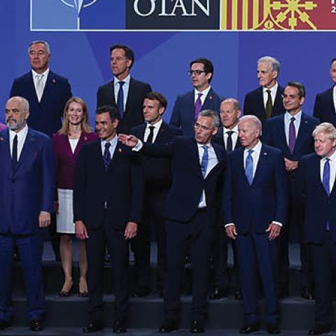Leaders of member states of NATO line up for a group photograph on June 29, 2022, in Madrid, Spain. (Photo by Denis Doyle/Getty Images)