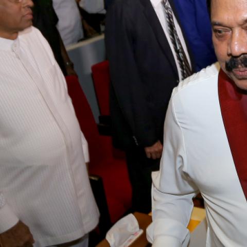 Sri Lanka's President Maithripala Sirisena, Prime Minister Ranil Wickremesinghe, and opposition leader Mahinda Rajapaksa attend an event in Colombo, Sri Lanka. (Photo by Tharaka Basnayaka/NurPhoto via Getty Images)