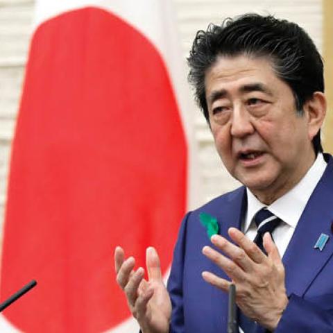 Shinzo Abe gestures as he speaks during a news conference at the Prime Minister's official residence on April 17, 2020, in Tokyo, Japan. (Photo by Kiyoshi Ota - Pool/Getty Images)