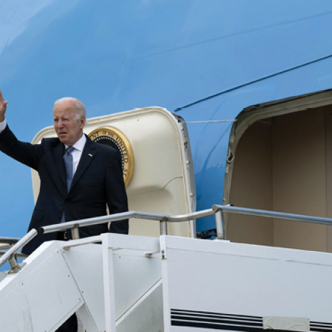 President Joe Biden waves before boarding Air Force One on June 28, 2022, in Munich, Germany, after attending the G7 Summit hosted by the German chancellor. (Photo by Brendan Smialowski / AFP via Getty Images)