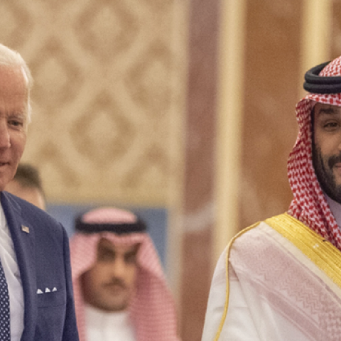 President Joe Biden meets Saudi Arabian Crown Prince Mohammed bin Salman at Alsalam Royal Palace in Jeddah, Saudi Arabia, on July 15, 2022. (Photo by Royal Court of Saudi Arabia/Anadolu Agency via Getty Images)
