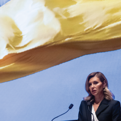Ukrainian First Lady Olena Zelenska speaks to members of the US Congress in the US Capitol Visitors Center Auditorium on July 20, 2022, in Washington, DC, about Russia's invasion of Ukraine. (Photo by Saul Loeb-Pool/Getty Images)