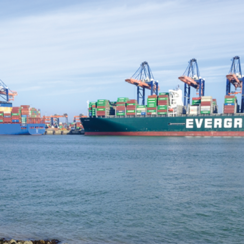 The Taiwanese container ship Ever Greet next to a vessel of China's state owned COSCO shipping company in the Rotterdam harbor on March 2, 2022.  (Photo by Thierry Monasse/Getty Images)