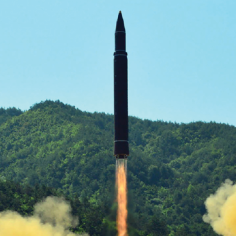 The allegedly successful test-fire of the North Korean intercontinental ballistic missile Hwasong-14 at an undisclosed location on July 4, 2017. (STR/AFP via Getty Images)