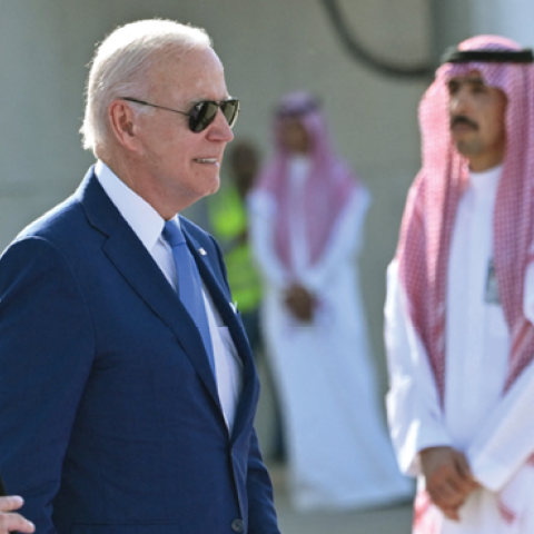 US President Joe Biden boards Air Force One before departing from King Abdulaziz International Airport in the Saudi city of Jeddah on July 16, 2022. (Photo by MANDEL NGAN/AFP via Getty Images)