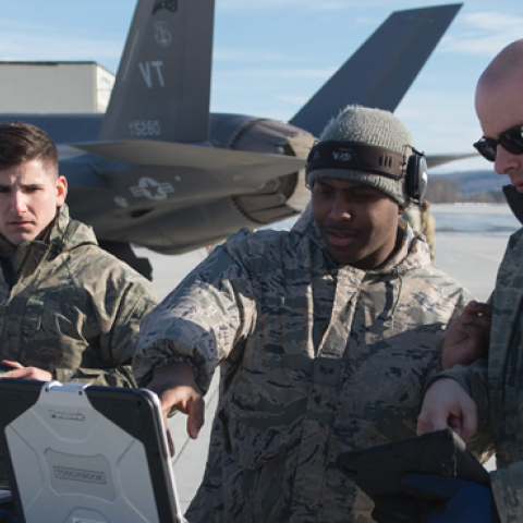 Kessel Run shares its "Mad Hatter" software with the "Green Mountain Boys" of the Vermont National Guard in South Burlington on February 12, 2020. (US Air National Guard photo by Miss Julie M. Shea)