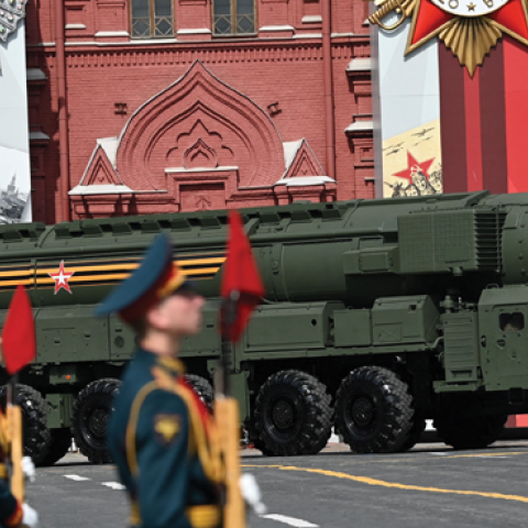A Russian Yars intercontinental ballistic missile launcher parades through Red Square during the general rehearsal of the Victory Day military parade in central Moscow on May 7, 2022. (Photo by KIRILL KUDRYAVTSEV/AFP via Getty Images)