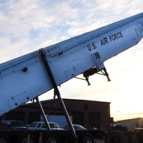 The transporter erector, used to load Minuteman III ballistic missiles, is raised during an annual proofload test at Minot Air Force Base, North Dakota, on April 2, 2019. (US Air Force photo by Senior Airman Ashley Boster)