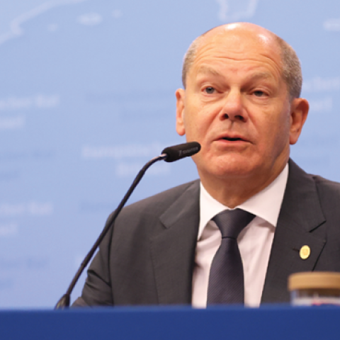 German Chancellor Olaf Scholz holds a press conference after the EU Leaders Summit in Brussels, Belgium, on June 24, 2022. (Dursun Aydemir/Anadolu Agency via Getty Images)
