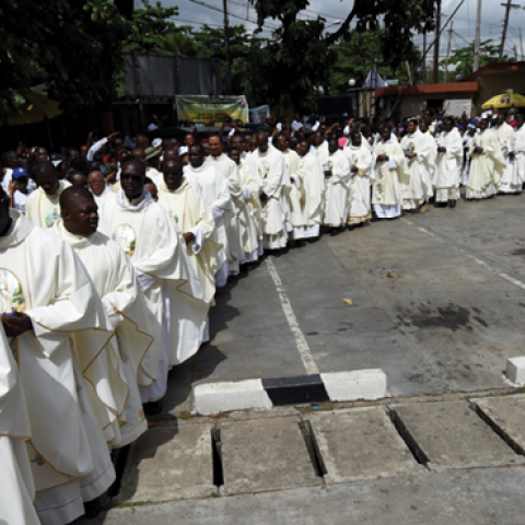 A protest in Lagos, Nigeria, on May 22, 2018, after an attack in Benue state that killed at least 18, including two Roman Catholic priests. (Pius Utomi Ekpei/AFP via Getty Images)