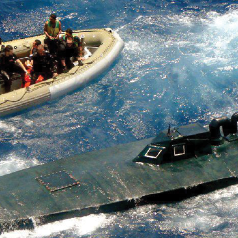 Law Enforcement Detachment 106 captures a cocaine-laden self-propelled semi-submersible in the eastern Pacific Ocean in 2009. (US Coast Guard)